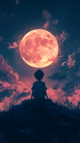 Silhouetted youth beneath oversized crimson moon at dusk.