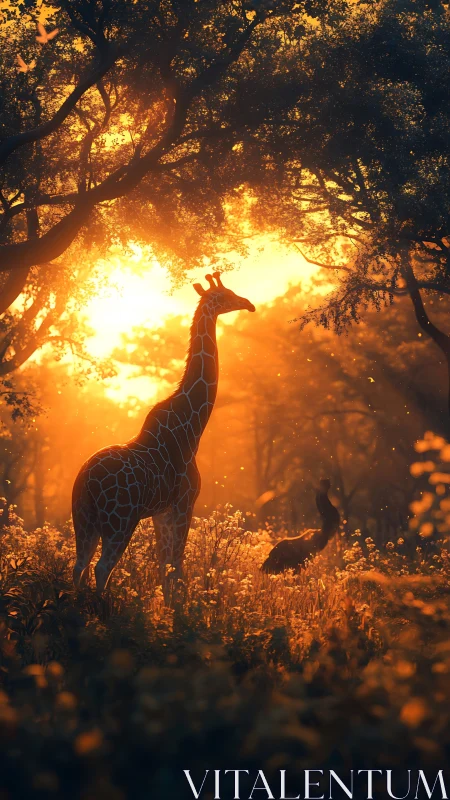 Backlit giraffe silhouette in golden-hour savanna clearing