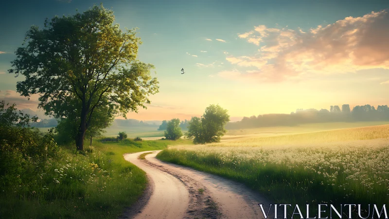 Sunlit country lane winds through tranquil summer meadow.
