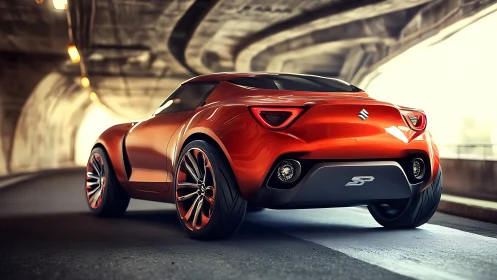 Suzuki orange crossover concept under tunnel lighting, rear view