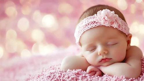 Sleeping newborn in pink textile setting with decorative headwear.