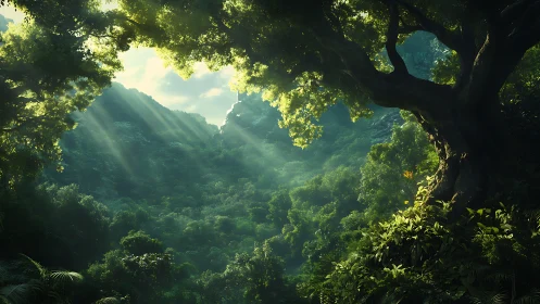 Chiaroscuro Canopy Framing: Dense Tropical Forest Valley With Volumetric Light Diffusion