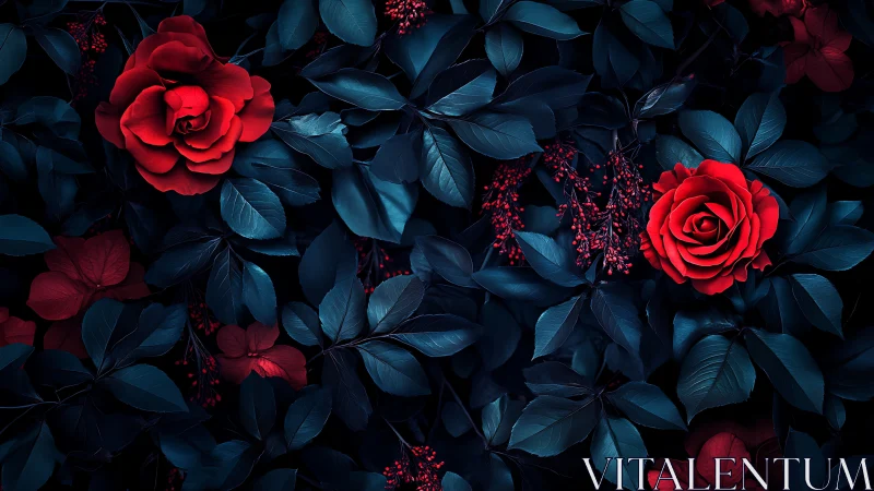 Crimson Blooms in Sapphire Shadows: A Garden's Midnight Reverie.