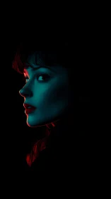 Cyan and red rim-lit female profile renders cinematic tension