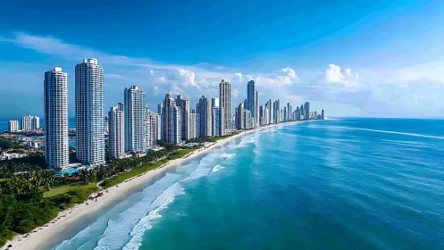 Skyscraper-lined tropical shoreline under vivid blue sky.