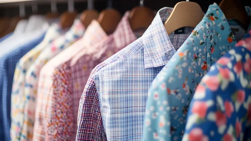 Colorful Shirts Arranged on Wooden Hangers Display.