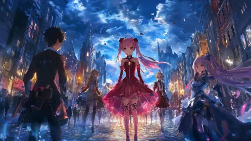 Crimson heroine leads anime squad through neon dusk streets.