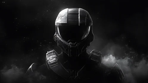 Armored space soldier emerges from darkness in silver light