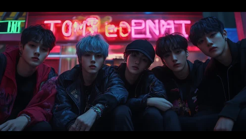 Neon night crew resting under glowing city lights.