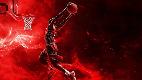 Explosive red digital painting of basketball dunk in motion
