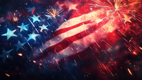 American flag abstraction with dynamic fireworks overlays.