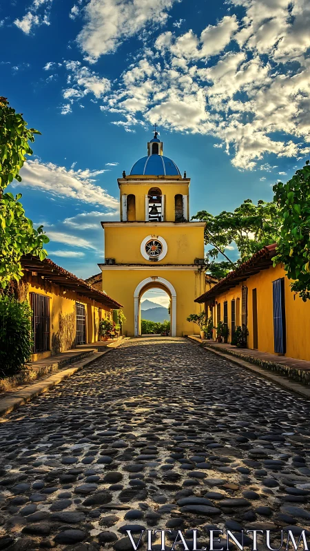 Cobblestones march toward a sunlit archway of mountain dreams