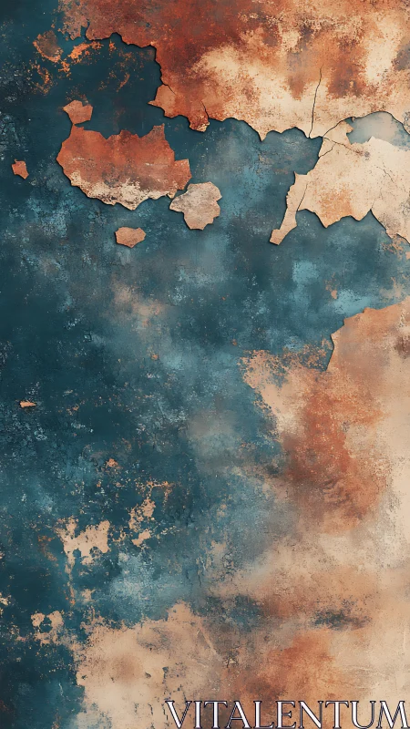 Weathered teal and rust wall surface shows peeling textured paint