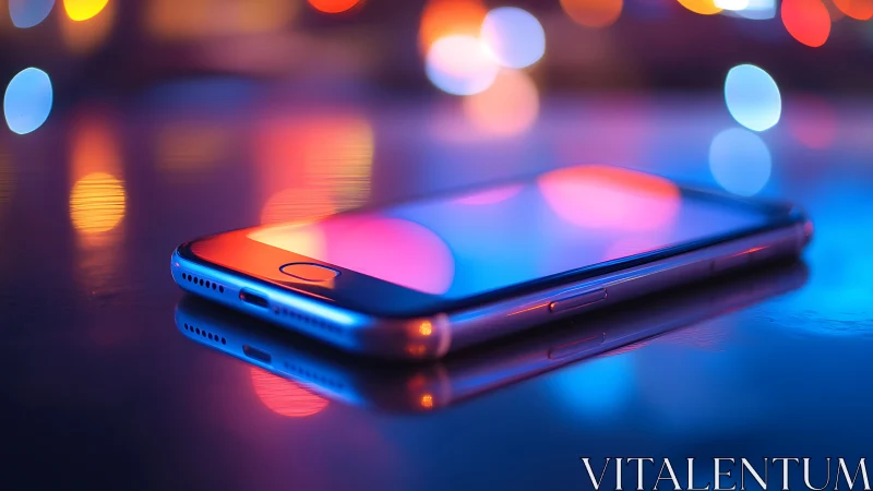 Smartphone glows on reflective surface under neon bokeh lights