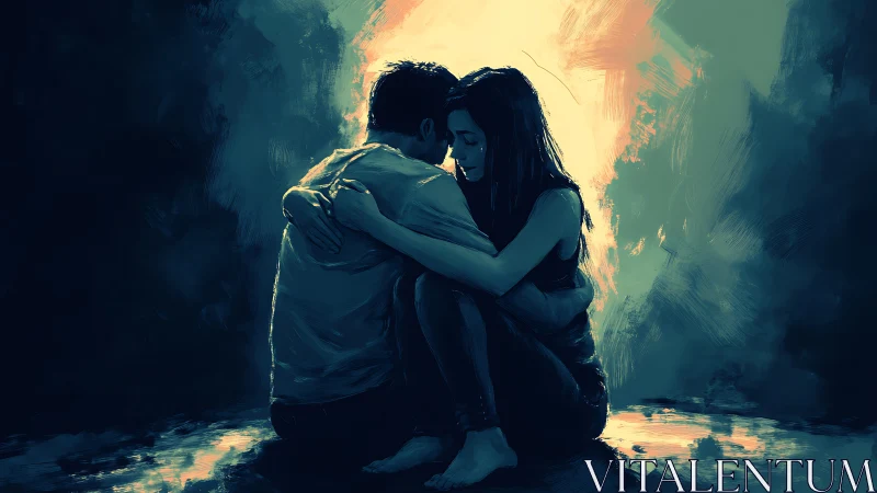 Two figures in embrace against atmospheric light source