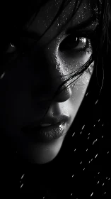 Moody close-up portrait glistening softly in the rain.