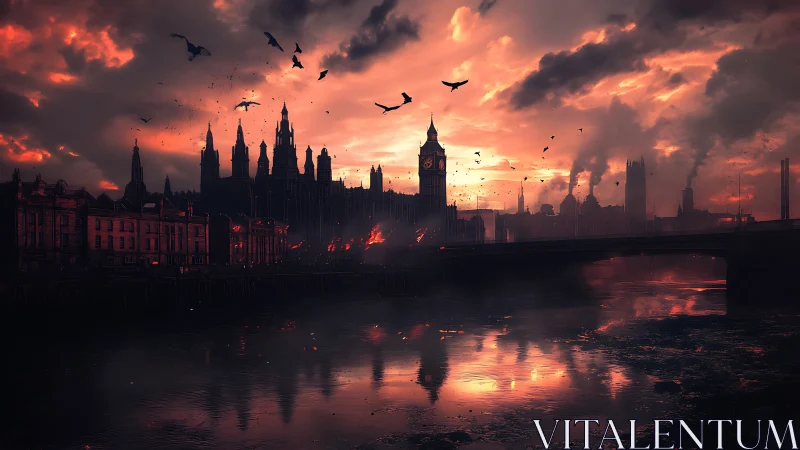 Moody riverside city at sunset wrapped in glowing embers.