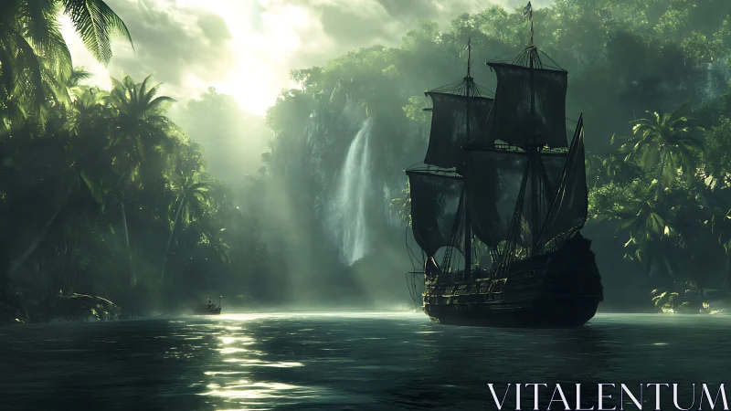 Black-sailed galleon anchors in misty tropical cove at dawn