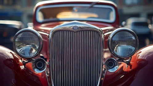 Photorealistic frontal study of a vintage red roadster grill.