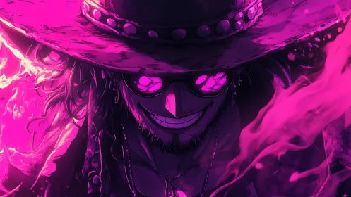 Mysterious outlaw in neon flames stares with blazing intent.