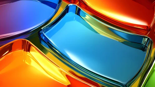 Vibrant abstract glass shapes in blue, orange, red, and yellow.