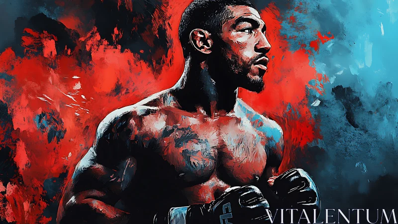 Shirtless Male Figure with Boxing Gloves Against Red and Blue