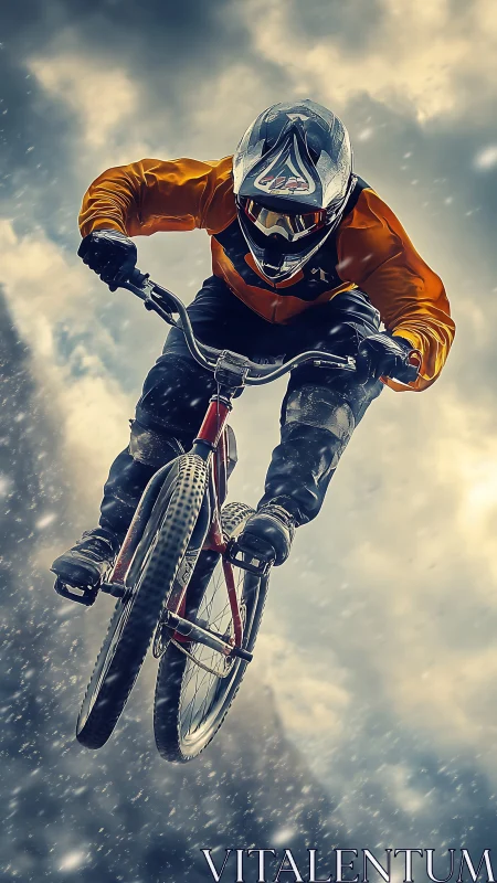 Aerial downhill cyclist under storm-lit dynamic skyframe.