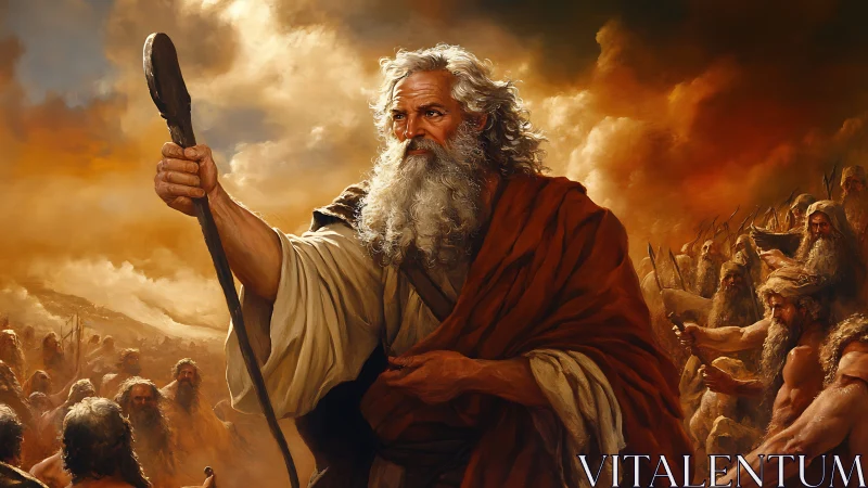 Elderly robed leader holding staff before marching crowd