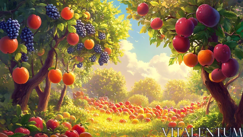 Sunlit orchard path lined with ripe, colorful summer fruit.