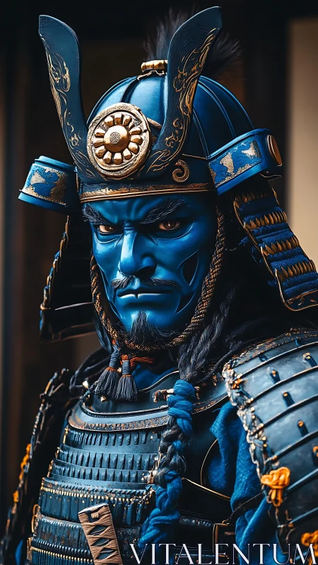 Blue armored samurai warrior portrait in ornate helmet.