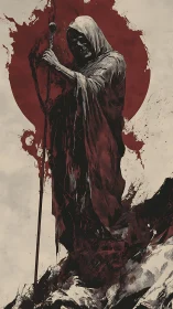 Crimson veiled reaper rising before a bleeding sun.