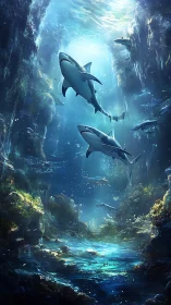 Majestic sharks glide through a glowing underwater canyon