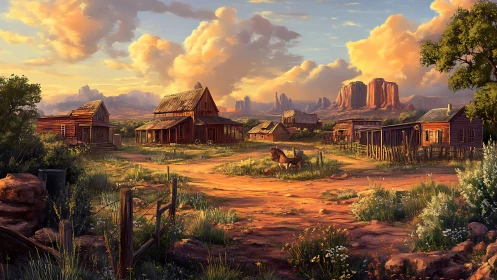 Sunlit frontier homestead amid towering desert mesas.