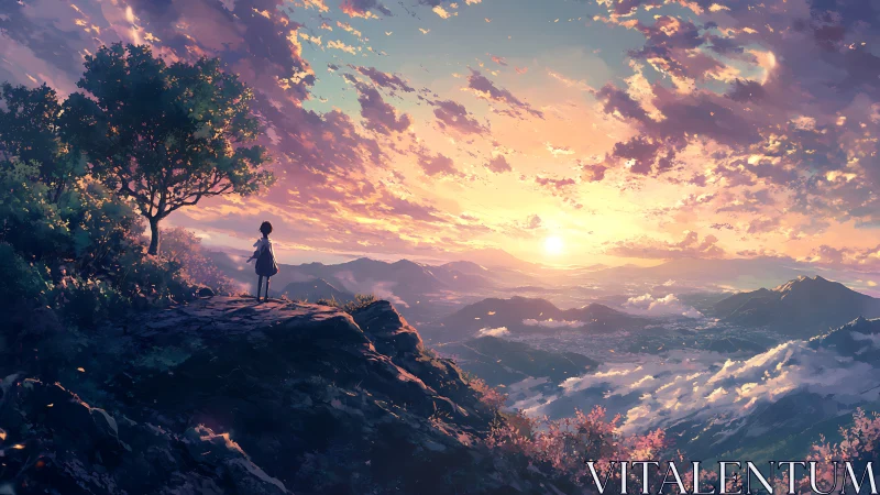 Solitary girl watching a radiant mountain sunset sky.