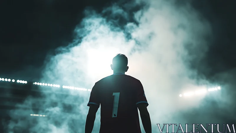 Backlit football goalkeeper entering stadium fog.