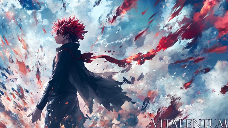 Red haired anime figure strides through erupting painted sky