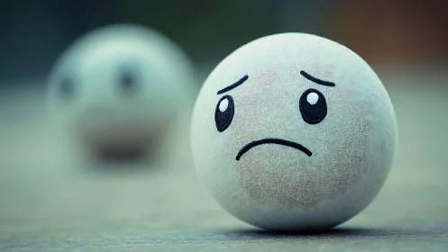 Spherical object with printed face rests on blurred surface