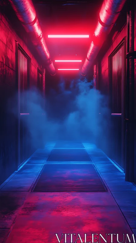 Neon fog corridor with red pipes and blue volumetric lighting