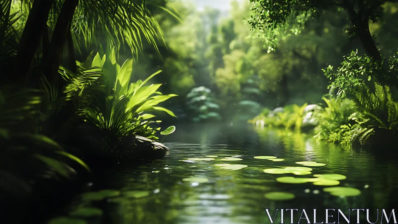 Lush tropical river with sunlit foliage and reflective water.