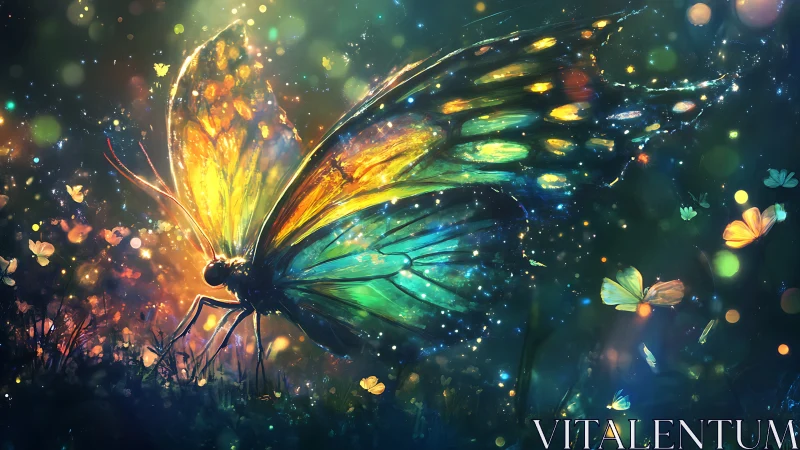 Butterfly with luminous wings glows in dense bokeh field