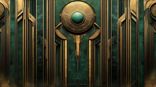 Gleaming art deco gate glows with rich teal and gold lines