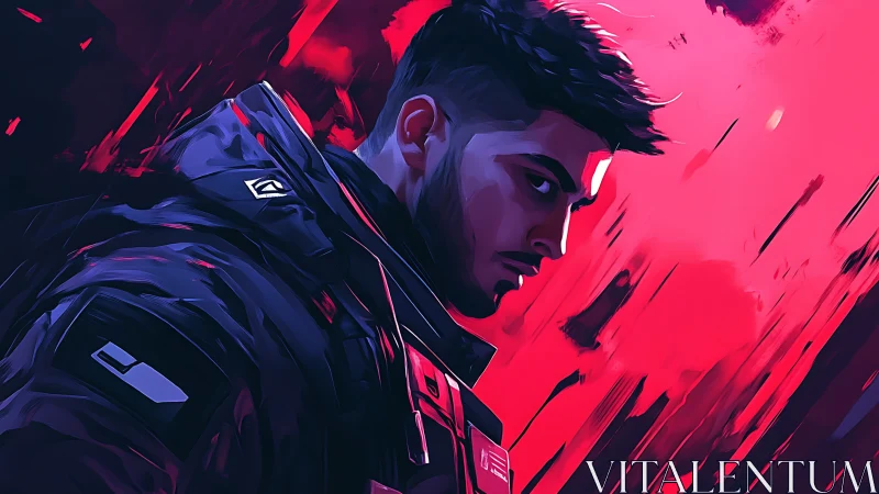 Brooding cyber agent in neon magenta vortex portrait style.