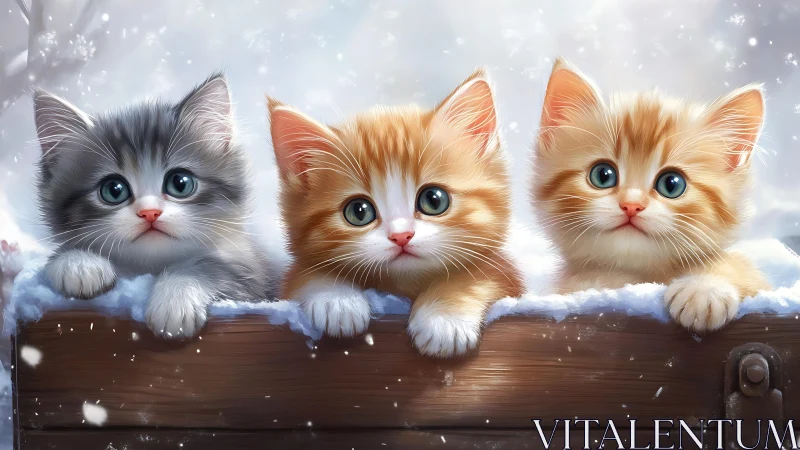 Three young cats positioned on wooden surface in winter setting.