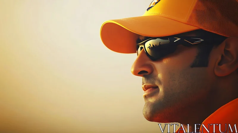 Side profile of man in orange cap and sunglasses outdoors.