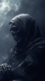 Mysterious hooded reaper resting in soft swirling shadow.