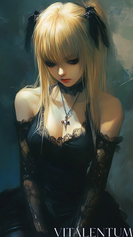Gothic anime portrait with chiaroscuro lighting and lace detail.