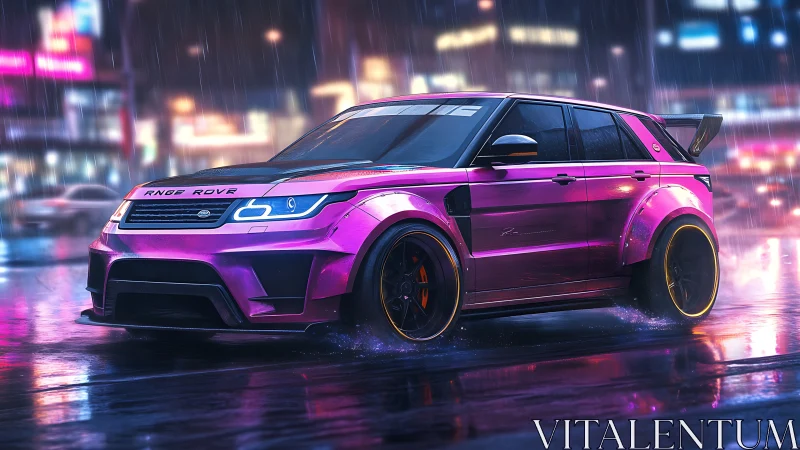 Neon-lit tuned SUV with widebody kit on wet reflective city street