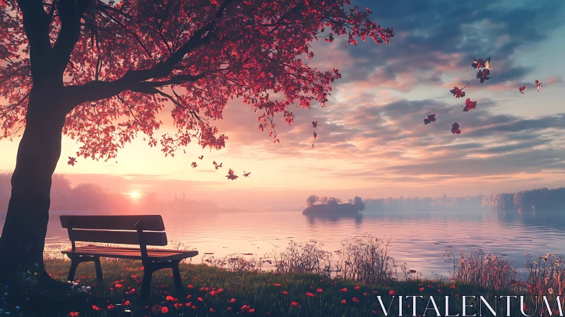 Lakeside bench under red tree at calm sunrise horizon.
