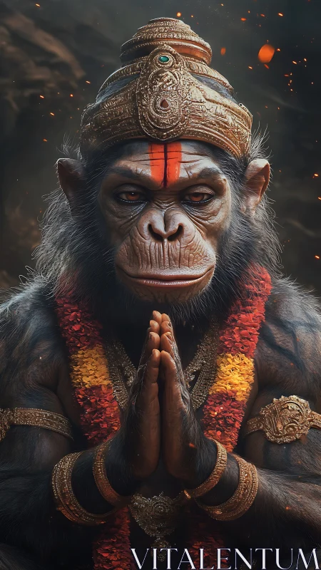 Regal monkey deity in ornate crown holds hands in prayer.