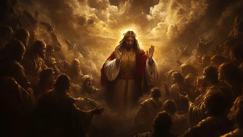 Central robed figure with radiant halo among dense crowd.